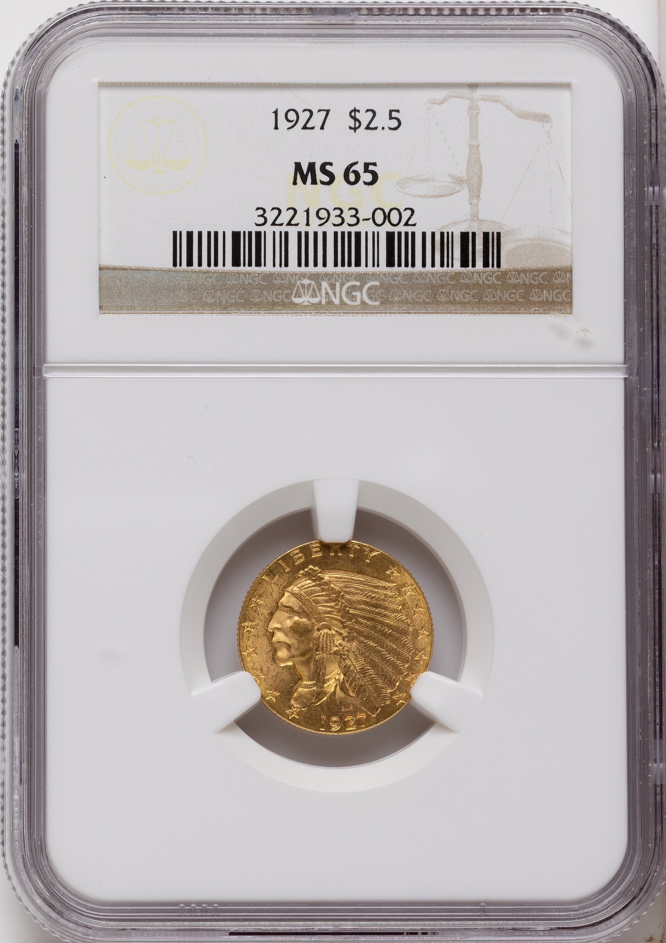 1927 $2.50 Indian Quarter Eagle NGC MS65