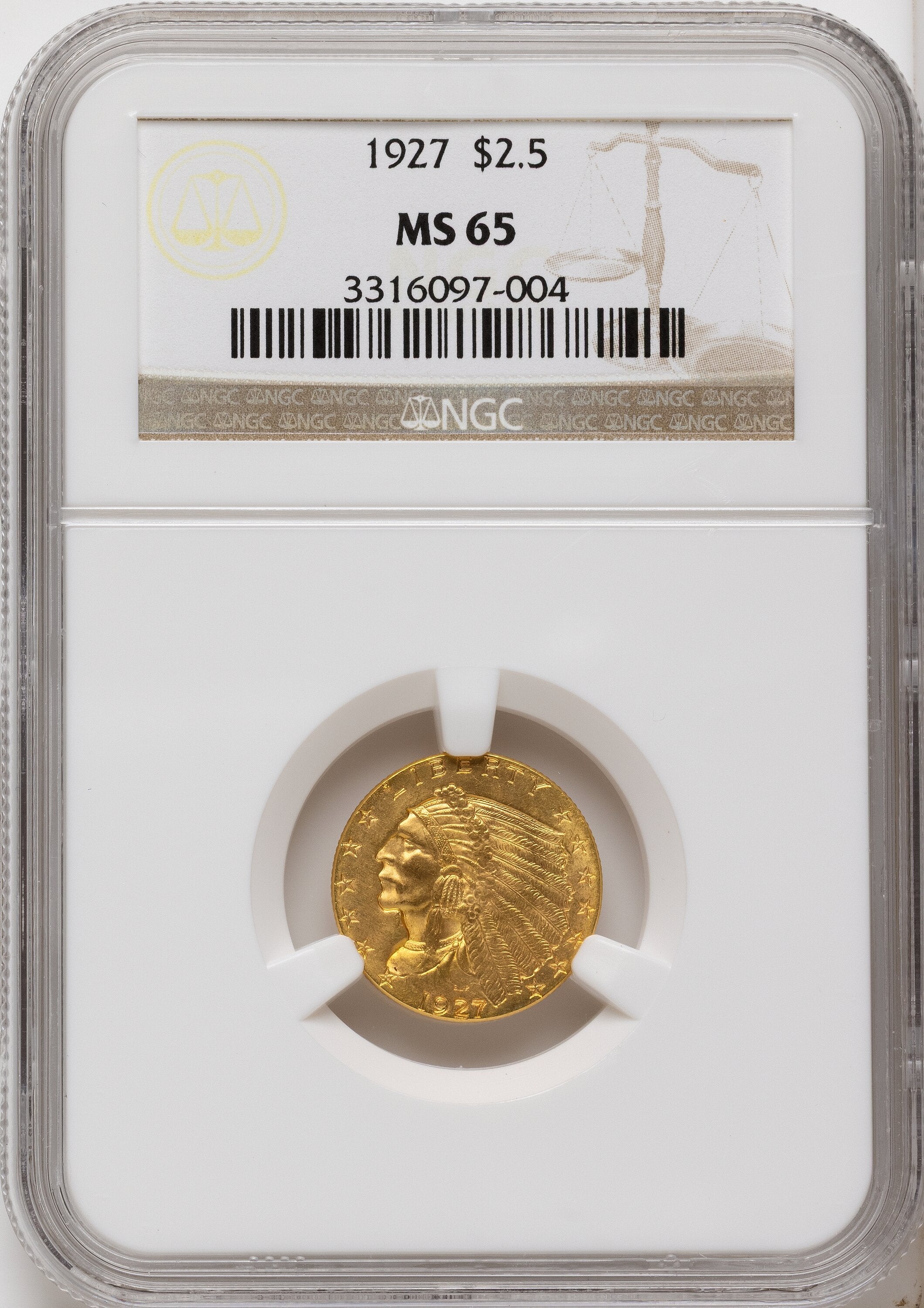1927 $2.50 Indian Quarter Eagle NGC MS65