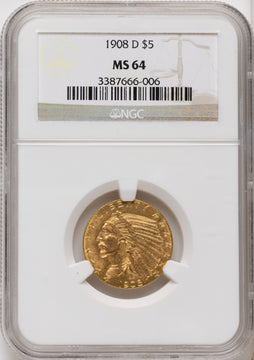 1908-D $5 Indian Half Eagle NGC MS64
