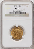 1908-D $5 Indian Half Eagle NGC MS64