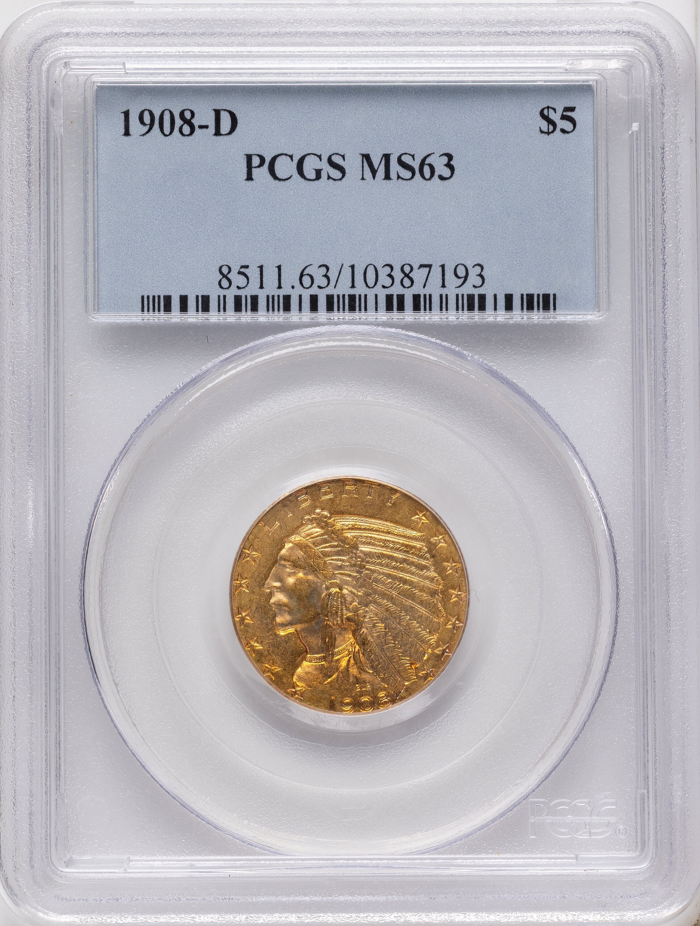 1908-D $5 Indian Half Eagle PCGS MS63