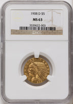 1908-D $5 Indian Half Eagle NGC MS63