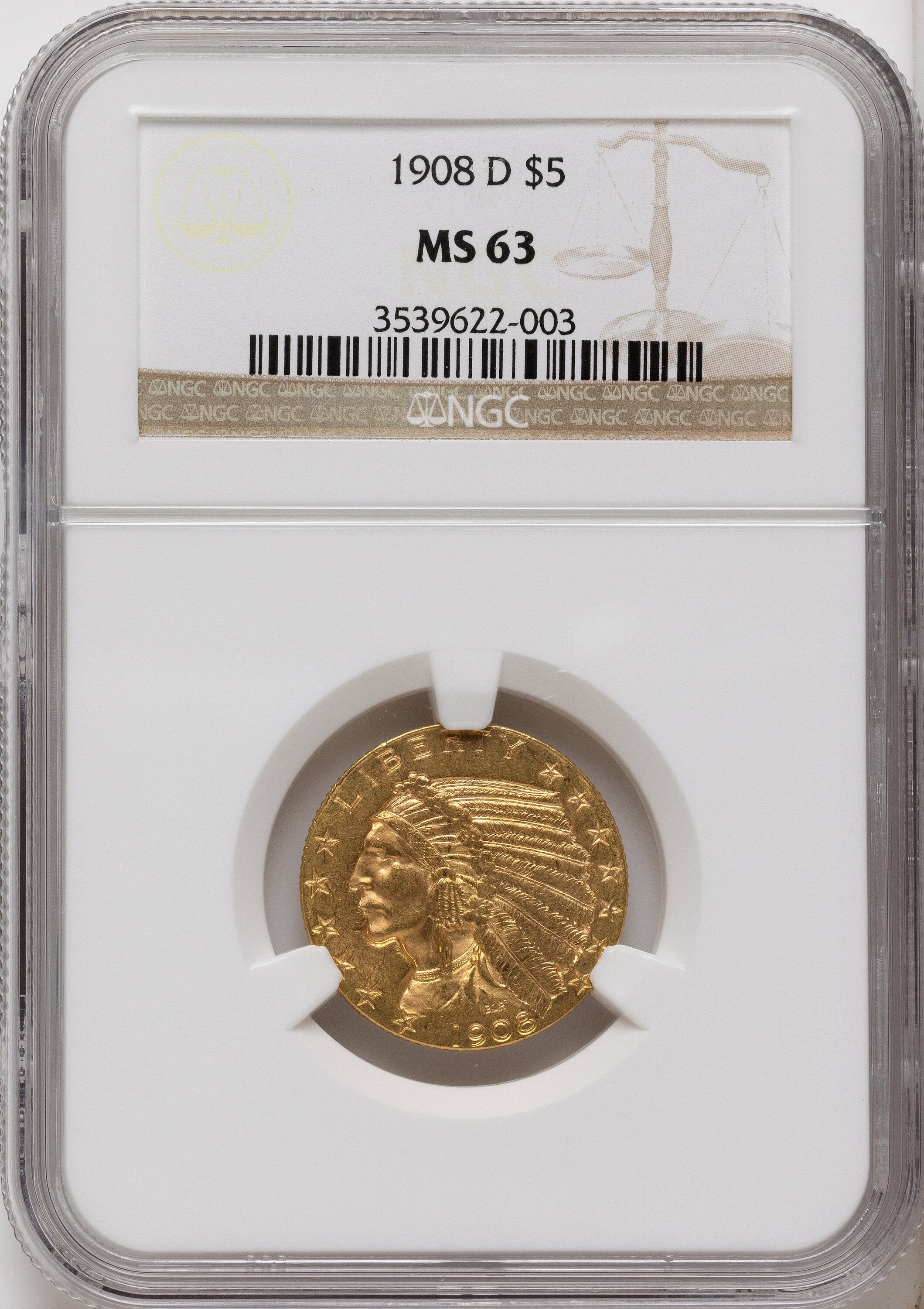 1908-D $5 Indian Half Eagle NGC MS63