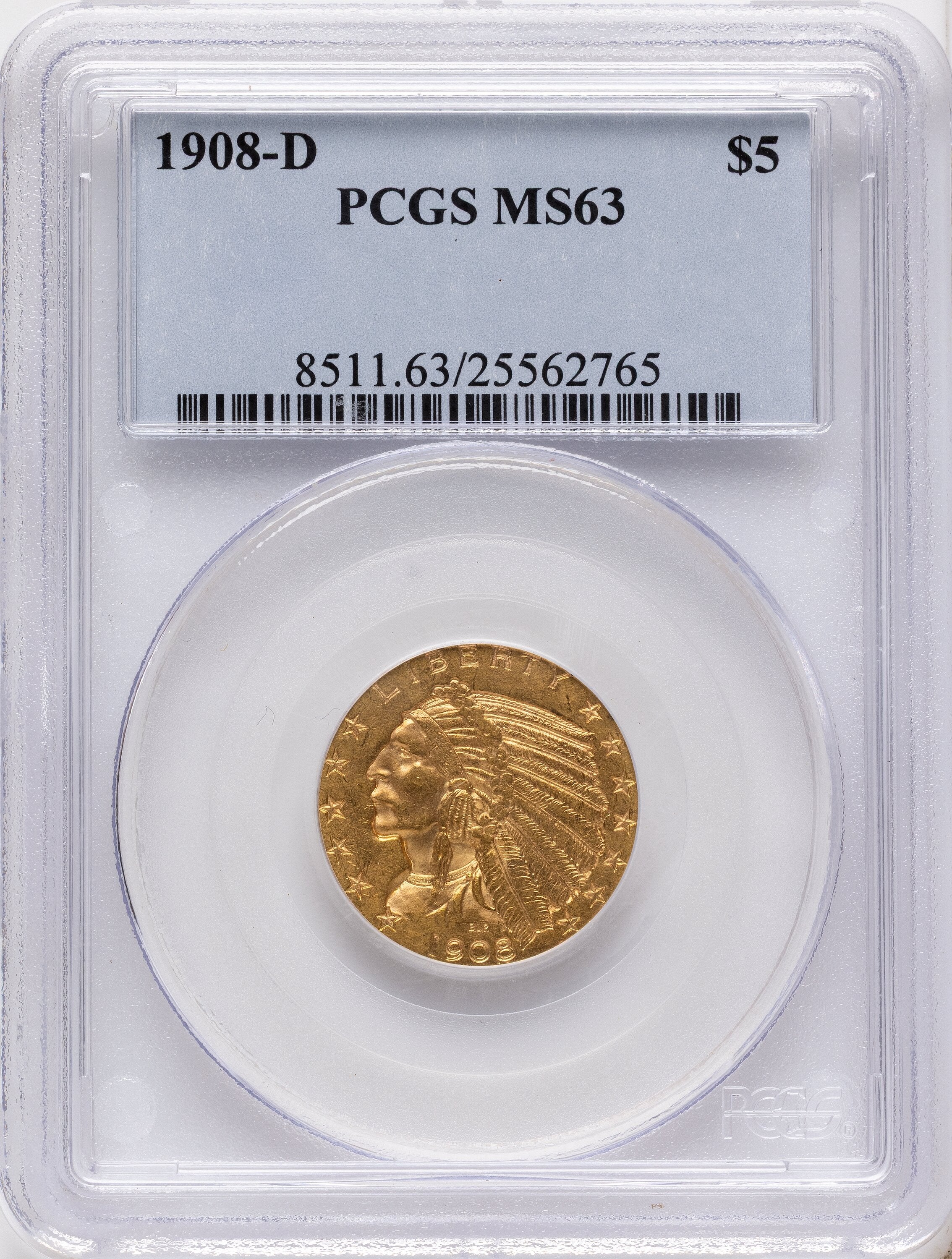 1908-D $5 Indian Half Eagle PCGS MS63