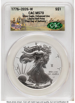2026-W Enhanced Silver Eagle 1 oz First Day of Delivery America 250 CACG MS70