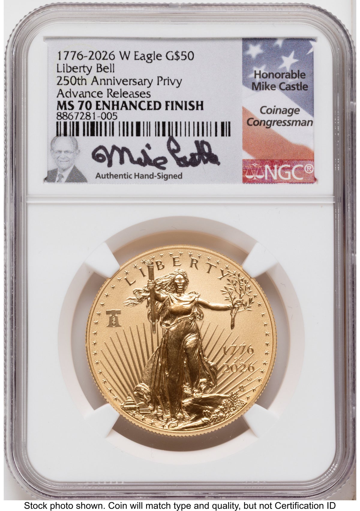 2026-W Enhanced Gold Eagle 1 oz AR Mike Castle NGC MS70
