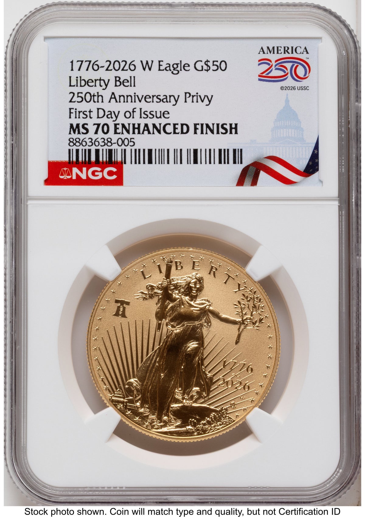 2026-W Enhanced Gold Eagle 1 oz FDI America 250 Congress Building Label NGC MS70