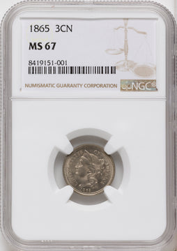 1865 3CN Three Cent Nickel NGC MS67