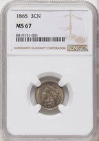 1865 3CN Three Cent Nickel NGC MS67