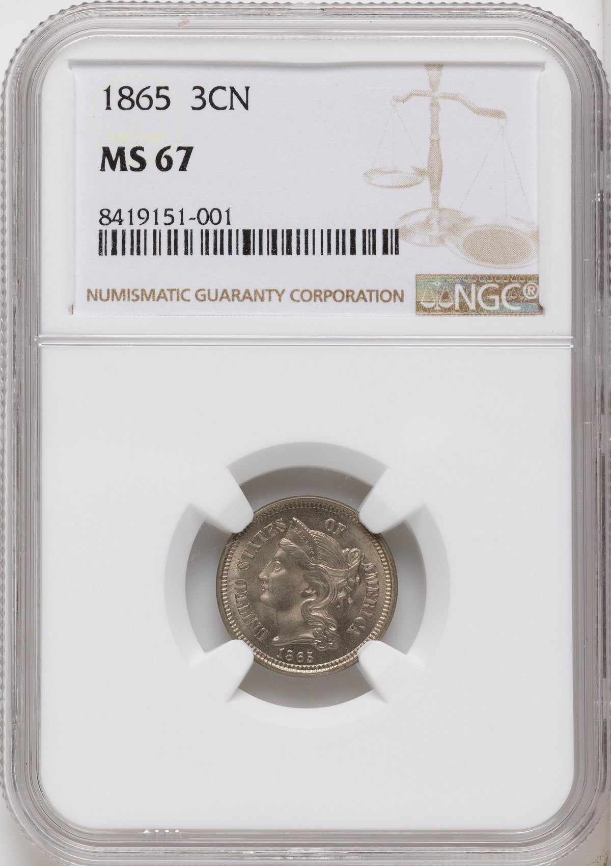1865 3CN Three Cent Nickel NGC MS67