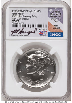 2026-W Palladium Eagle 1 oz Uncirculated FDI Ron Harrigal America 250 NGC MS70