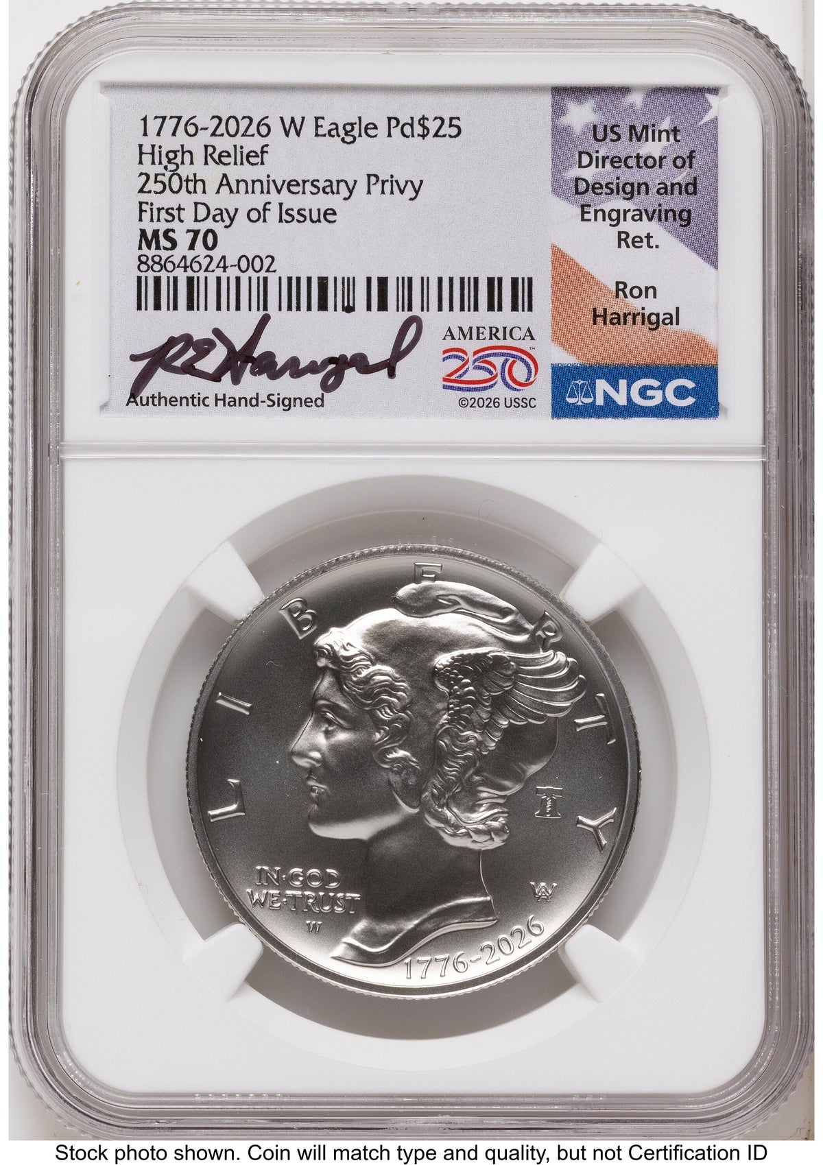2026-W Palladium Eagle 1 oz Uncirculated FDI Ron Harrigal America 250 NGC MS70