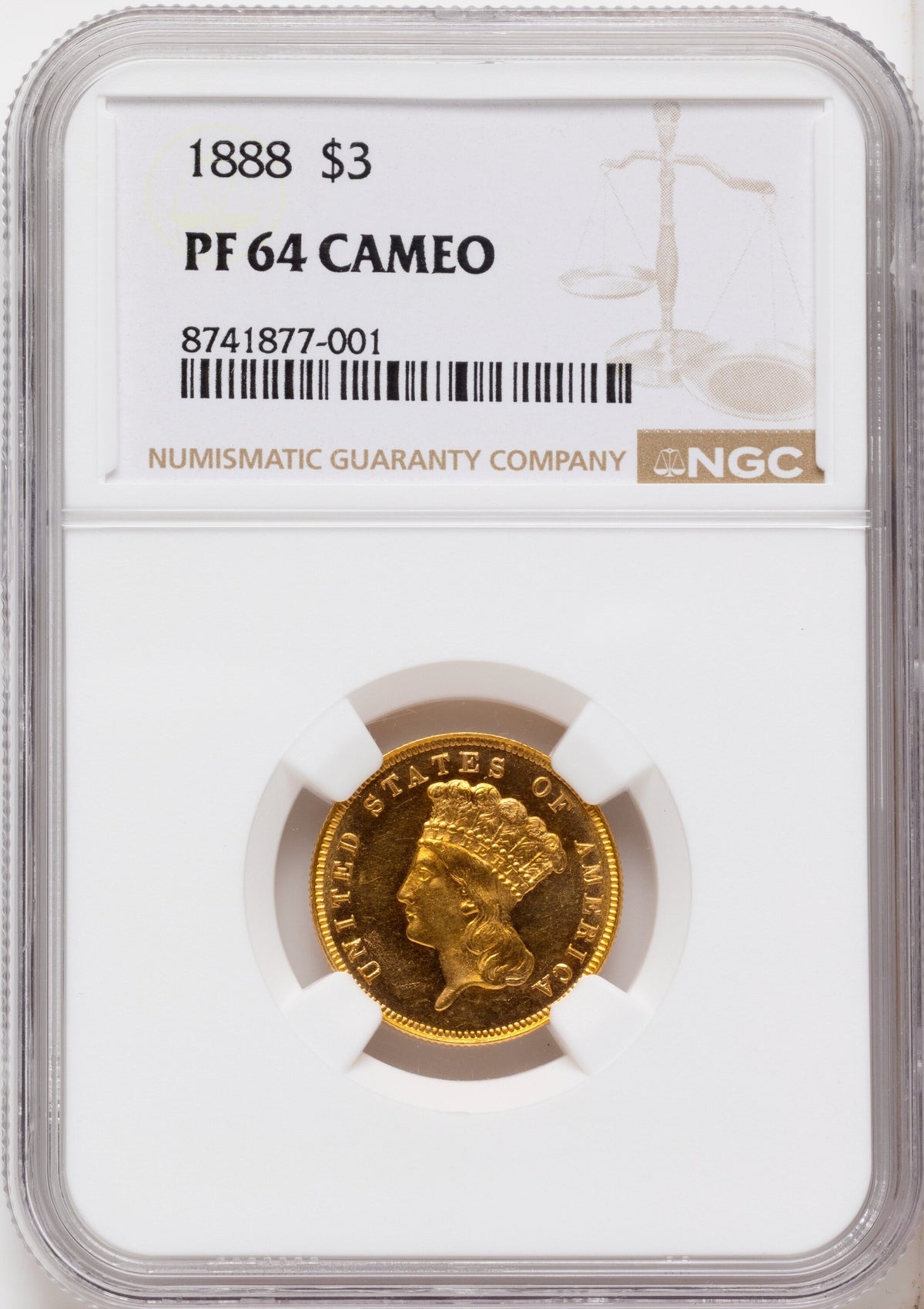 1888 $3 CA Proof Three Dollar Gold Pieces NGC PR64