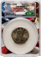 2026 Semiquincentennial President Donald J. Trump $1 (Privy Mark) Advanced Delivery Ron Drzewucki Flag Core CACG MS66