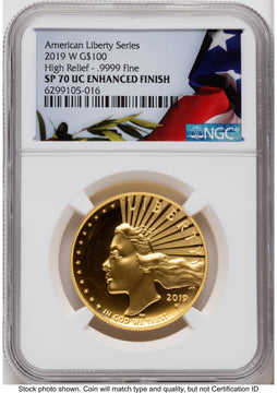 2019-W G$100 American Liberty High Relief Enhanced UC Bunting Flag NGC MS70
