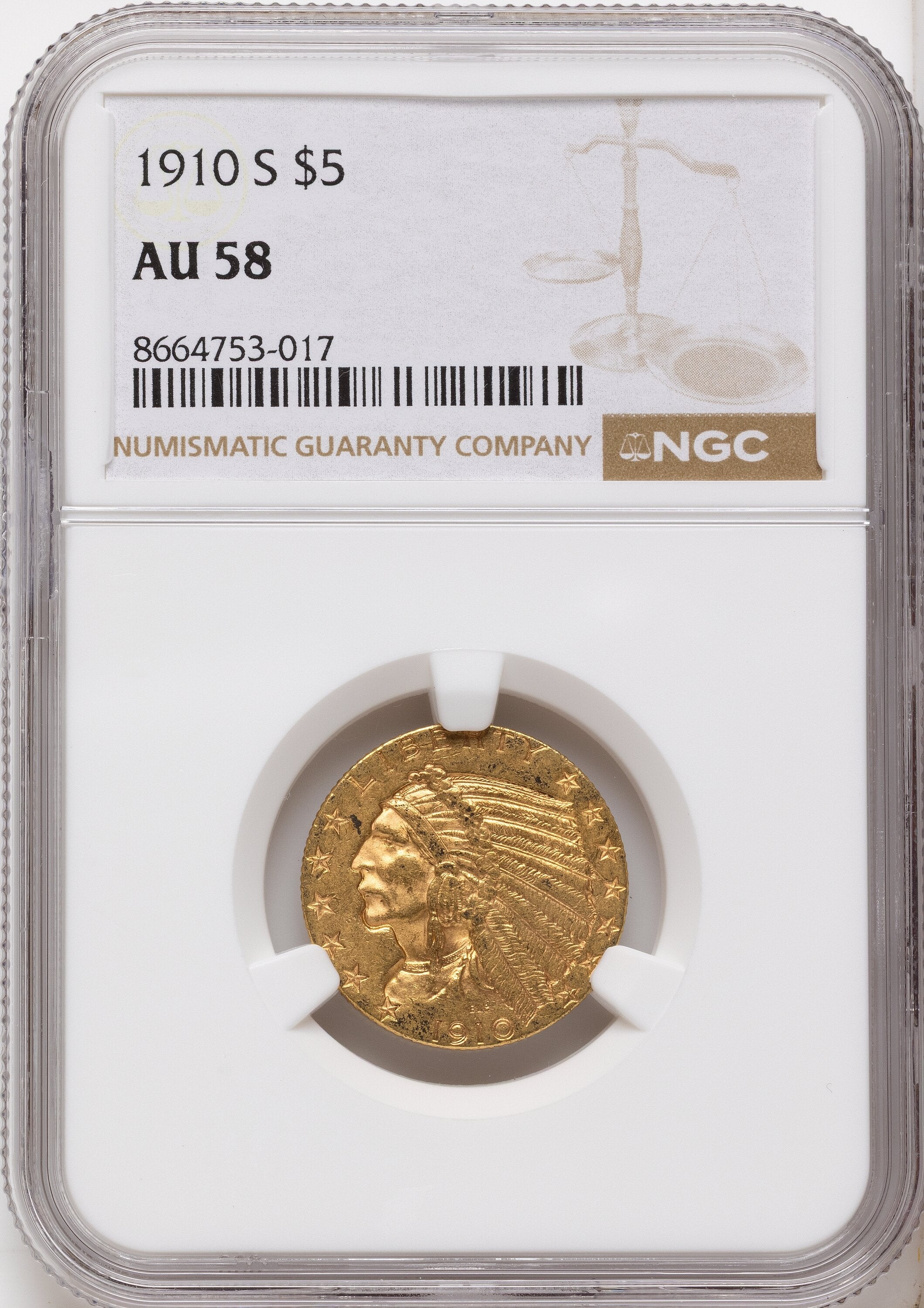1910-S $5 Indian Half Eagle NGC AU58