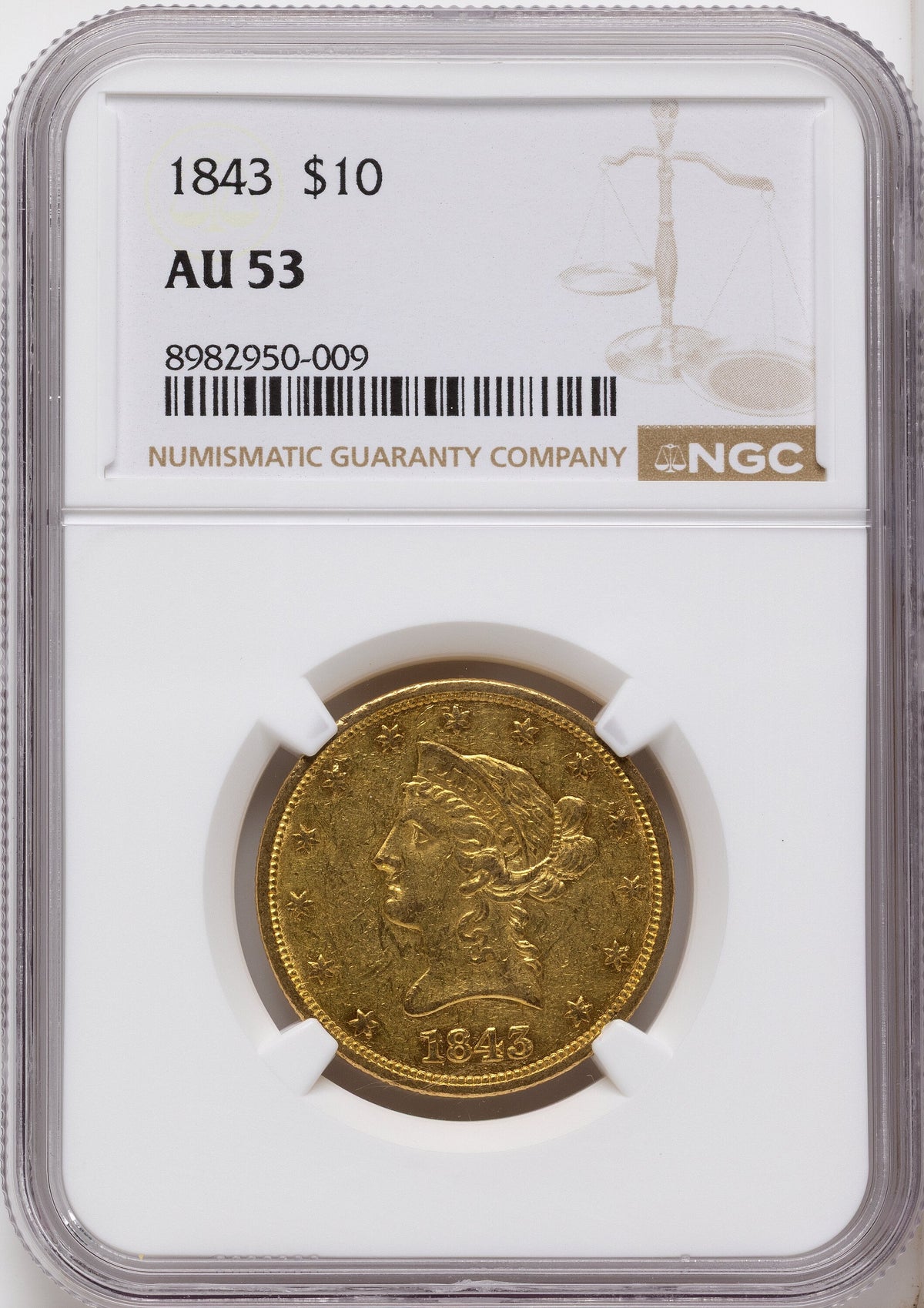 1843 $10 Liberty Eagle NGC AU53