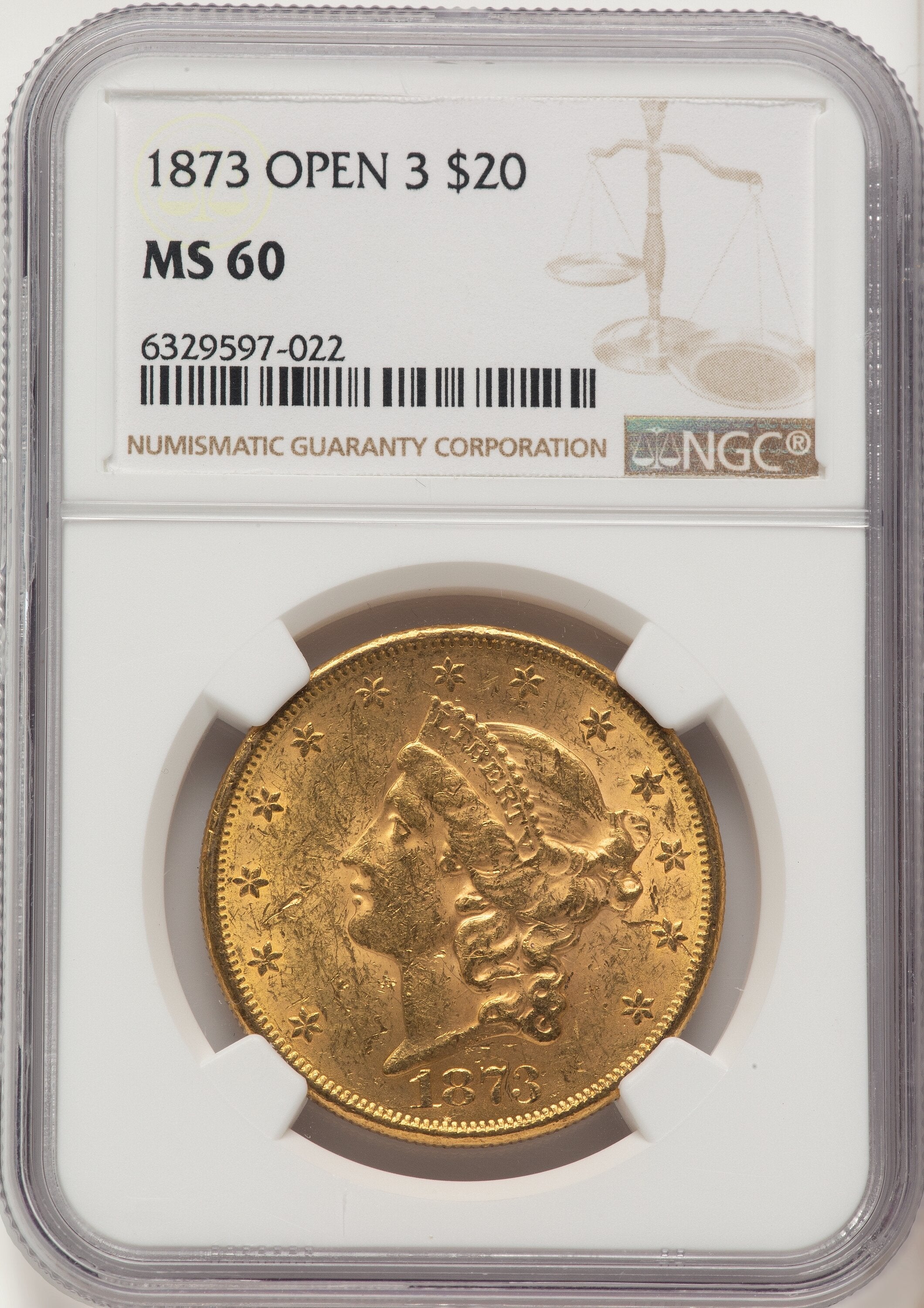 1873 $20 OPEN 3 Liberty Double Eagle NGC MS60