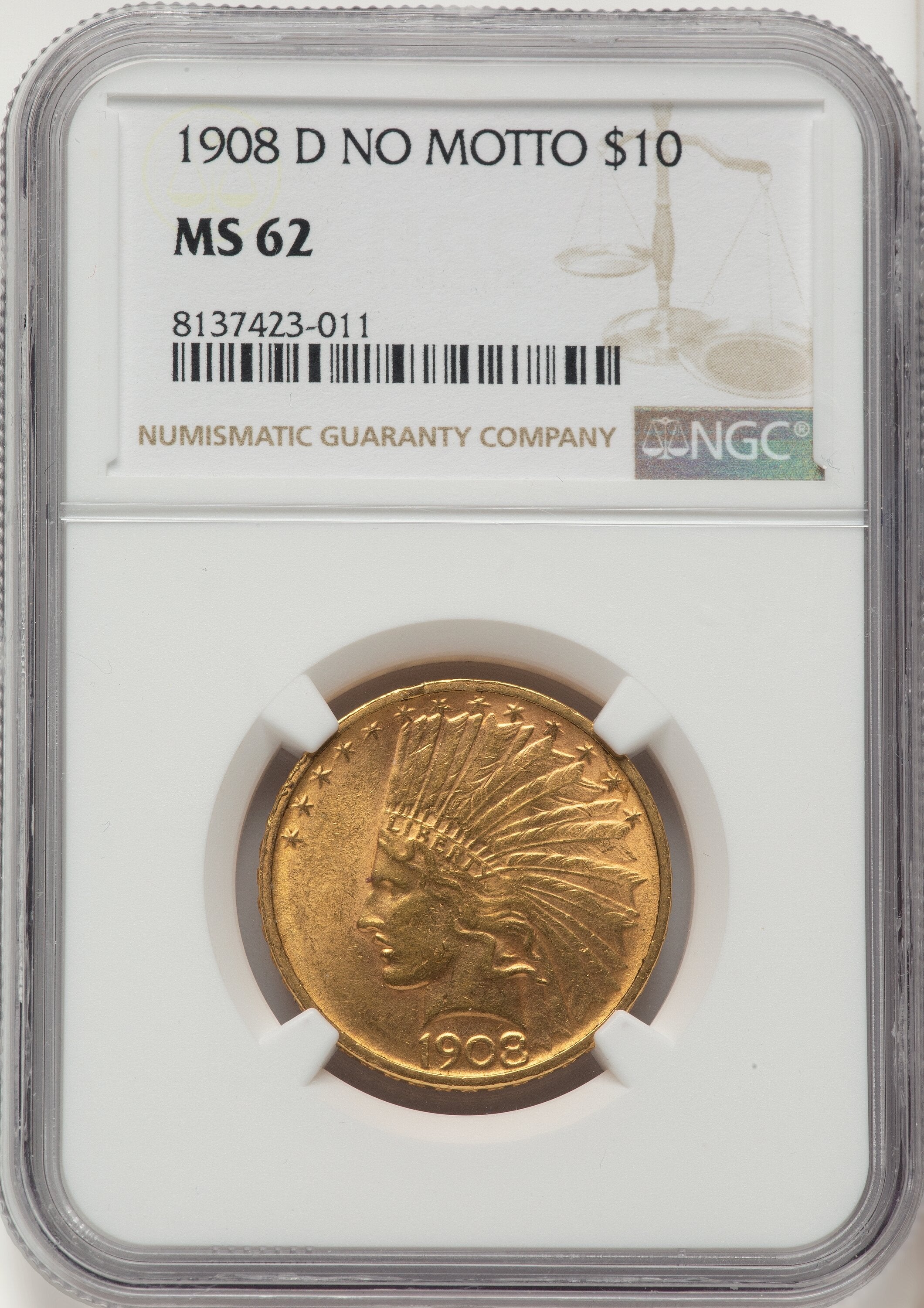 1908-D $10 NO MOTTO Indian Eagle NGC MS62