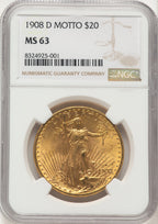 1908-D $20 MOTTO Saint-Gaudens Double Eagle NGC MS63