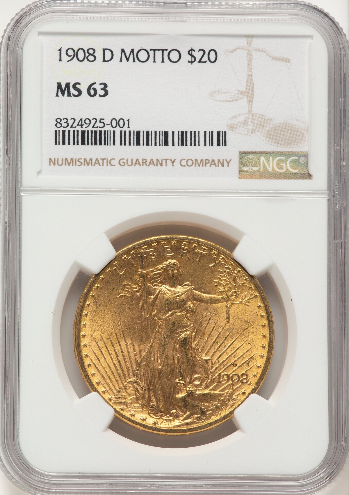 1908-D $20 MOTTO Saint-Gaudens Double Eagle NGC MS63