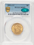 1891-CC $5 CAC Liberty Half Eagle PCGS MS63