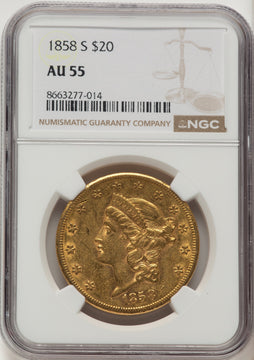 1858-S $20 Liberty Double Eagle NGC AU55