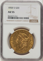 1858-S $20 Liberty Double Eagle NGC AU55