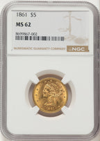 1861 $5 Liberty Half Eagle NGC MS62