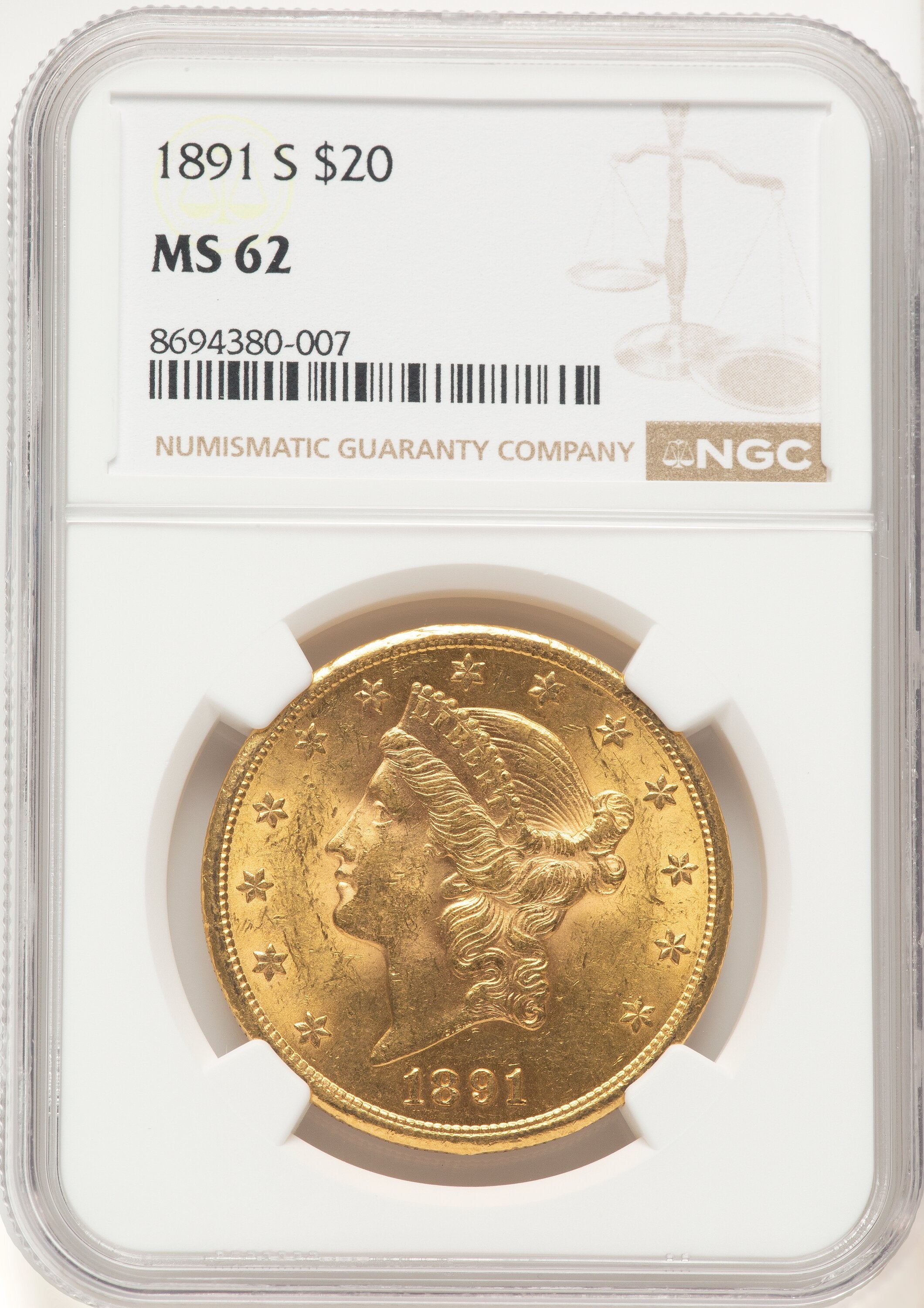 1891-S $20 Liberty Double Eagle NGC MS62