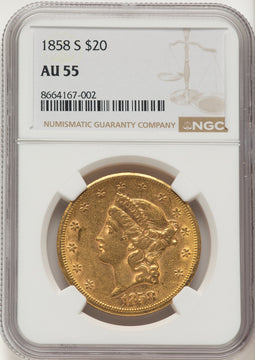 1858-S $20 Liberty Double Eagle NGC AU55