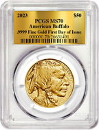 2023 $50 One Ounce Gold Buffalo First Day of Issue Gold Label PCGS MS70