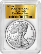 2023-W Proof Silver Eagle First Day of Issue Gold Label PCGS PR70 DCAM