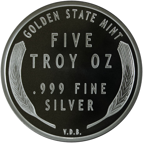5 OZ SILVER ROUND LINCOLN WHEAT CENT DESIGN GOLDEN STATE MINT