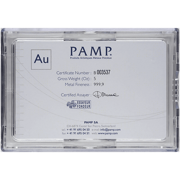 5 oz Gold Bar PAMP Suisse Lady Fortuna Veriscan® (w/Assay)