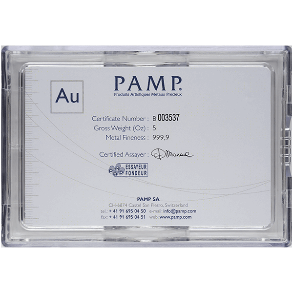 5 oz Gold Bar PAMP Suisse Lady Fortuna Veriscan® (w/Assay)