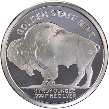 5 OZ SILVER ROUND BUFFALO DESIGN GOLDEN STATE MINT