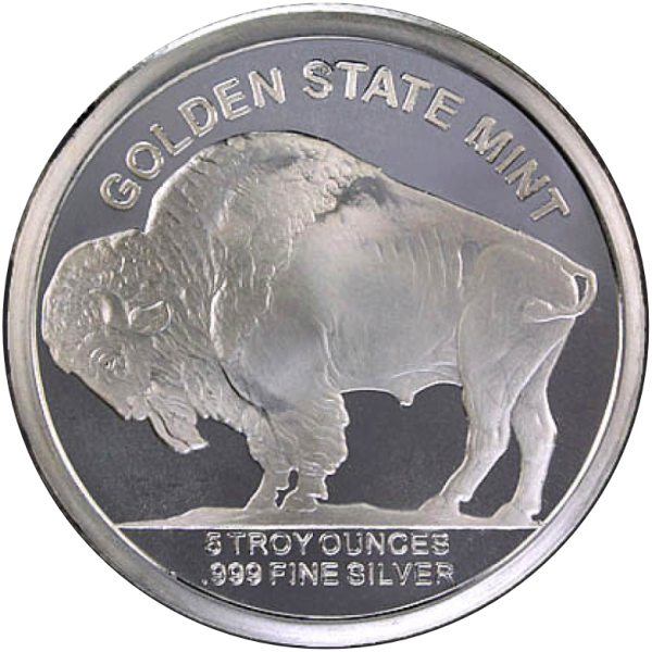 5 OZ SILVER ROUND BUFFALO DESIGN GOLDEN STATE MINT
