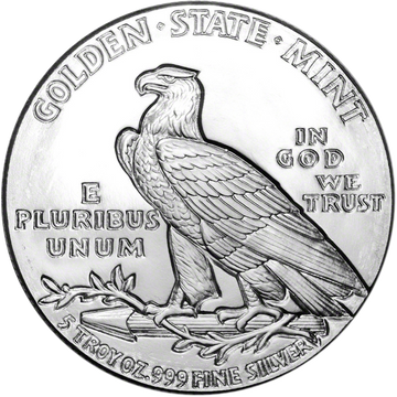 5 OZ SILVER ROUND INCUSE INDIAN DESIGN GOLDEN STATE MINT