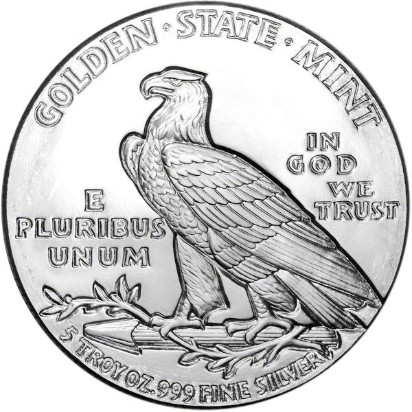 5 OZ SILVER ROUND INCUSE INDIAN DESIGN GOLDEN STATE MINT