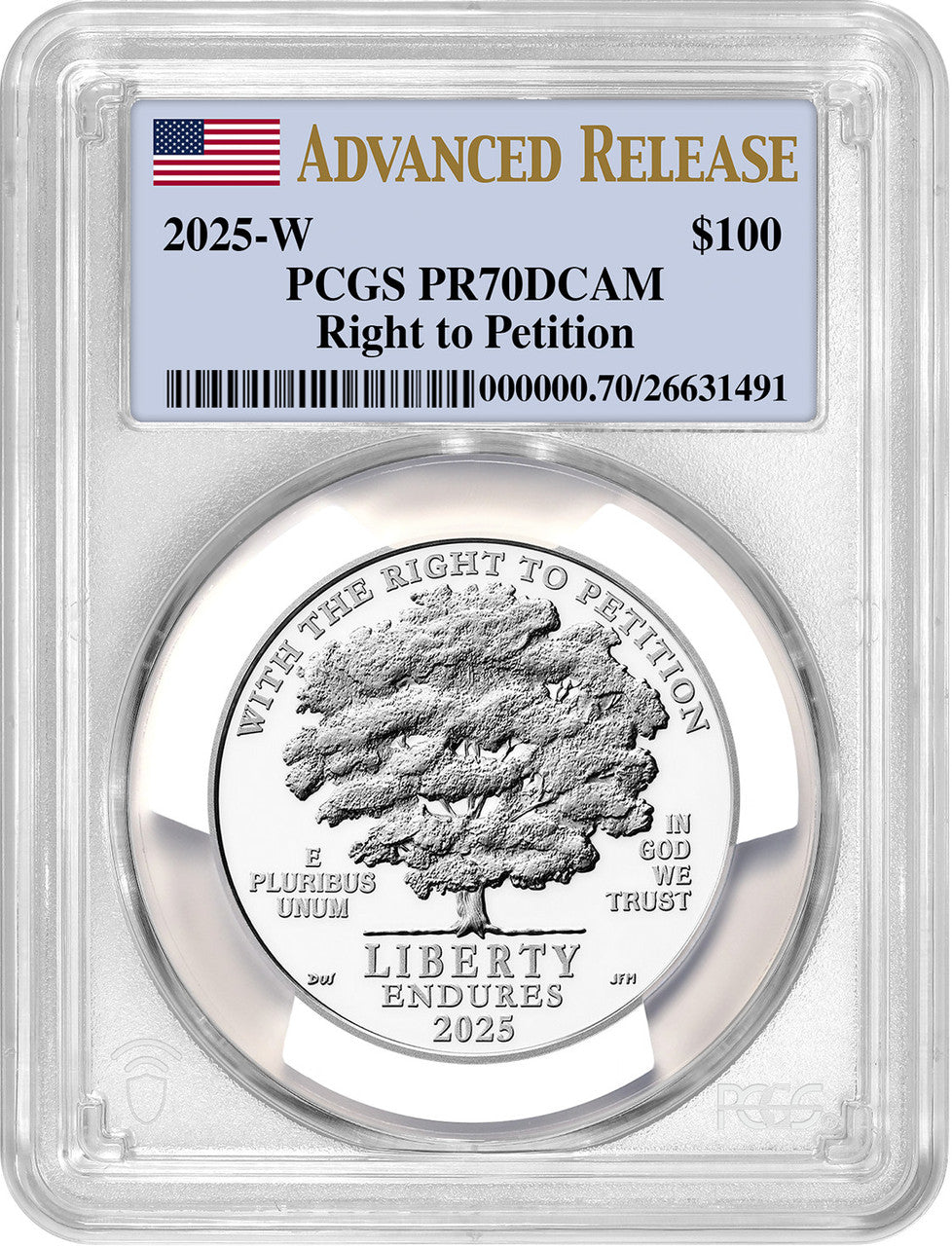 2025-W $100 Platinum Eagle Right To Petition AR PCGS PR70