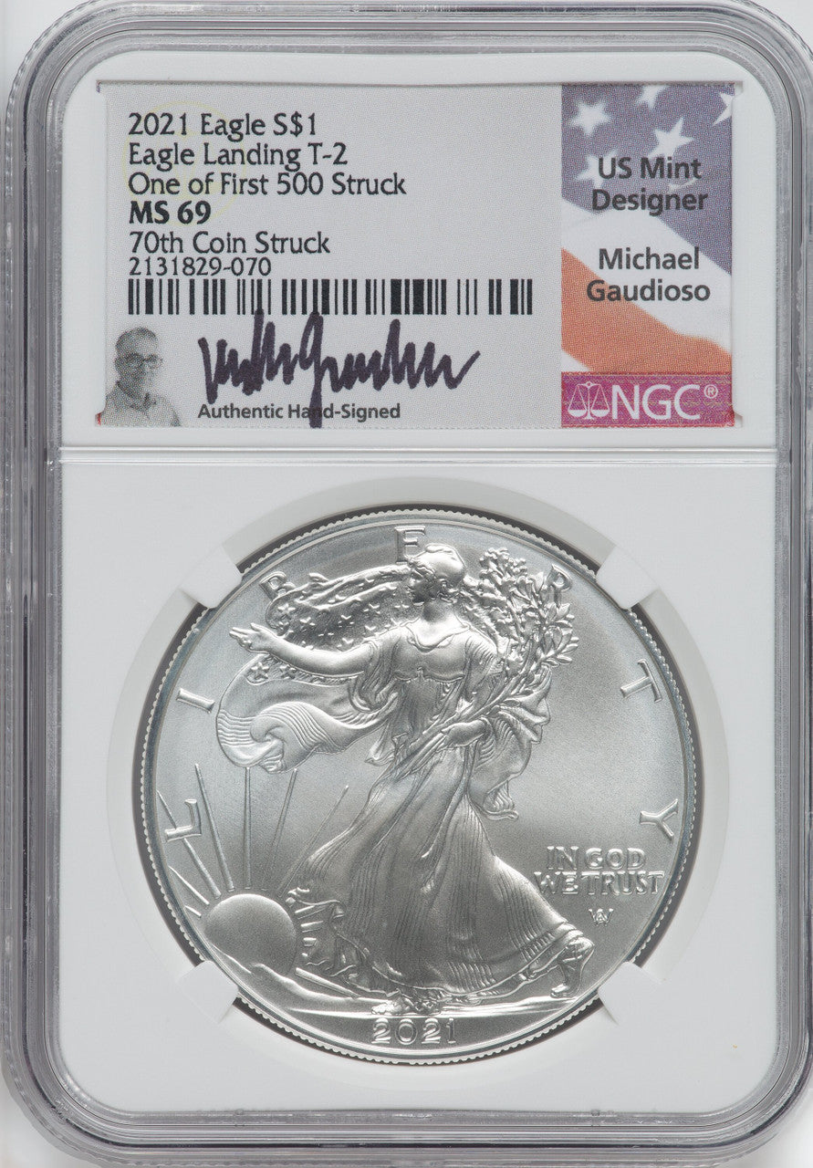 2021 Silver Eagle Type 2 At Dusk & Dawn 35th Anniversary 70th NGC MS69 Michael Gaudioso Signed