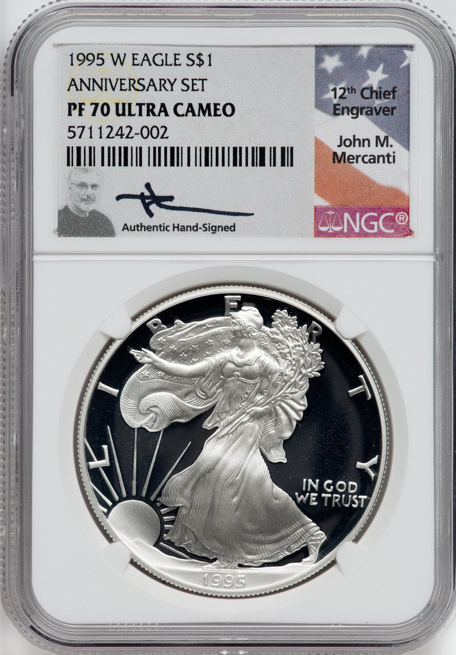 1995-W $1 Proof Silver Eagle NGC PF70 Ultra Cameo Mercanti Signed