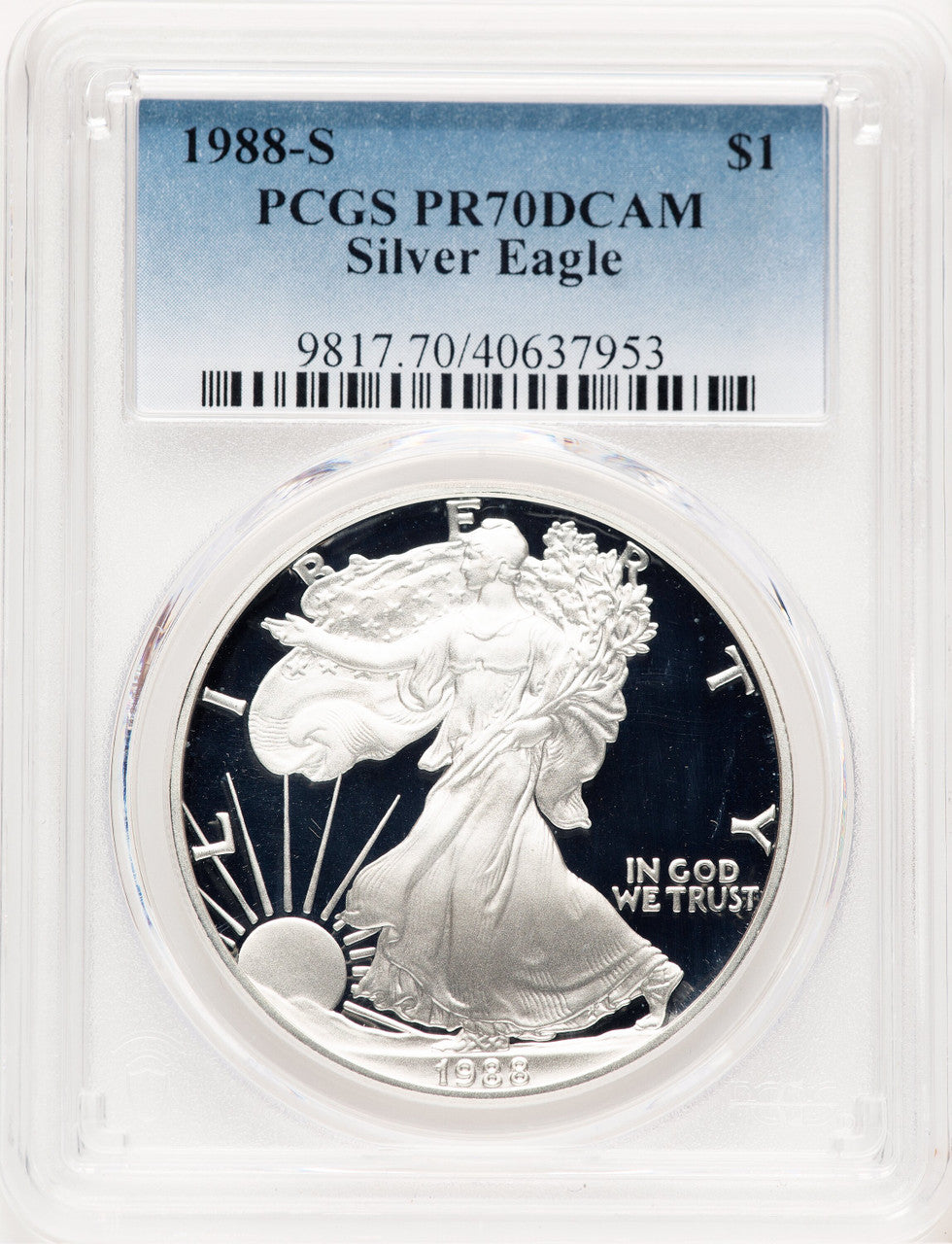 1988-S Proof Silver Eagle 1 oz Blue Gradient PCGS PR70