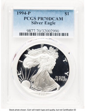 1994-P Proof Silver Eagle 1 oz Blue Gradient PCGS PR70