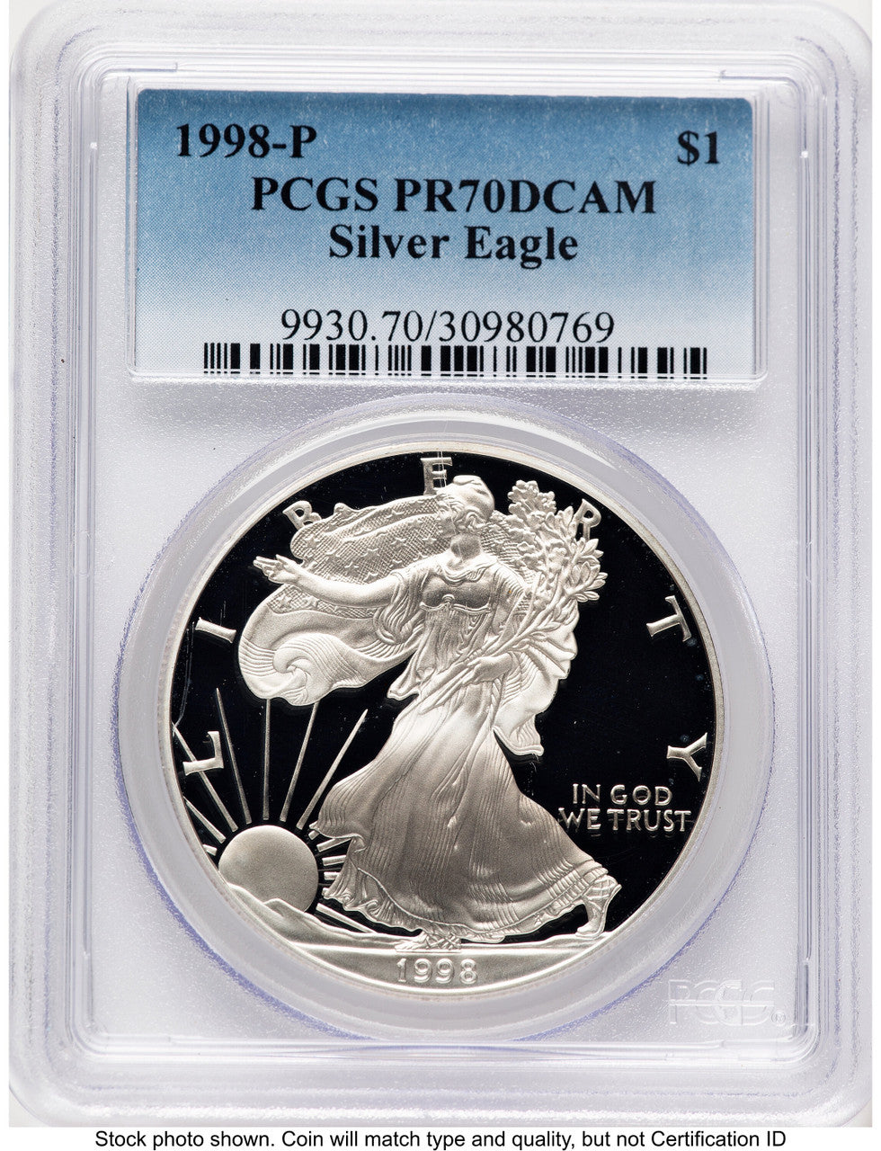 1998-P Proof Silver Eagle 1 oz Blue Gradient PCGS PR70