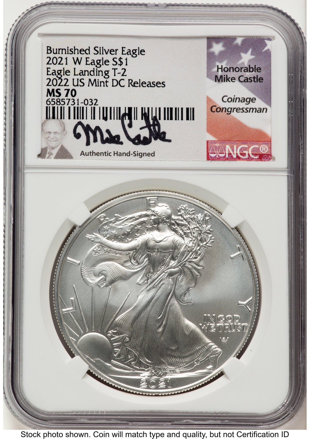 2021-W TY2 Burnished Silver Eagle 1 oz 2022 US Mint Releases Mike Castle NGC PF70
