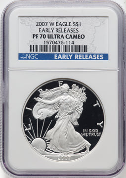 2007-W Proof Silver Eagle 1 oz ER Blue NGC PF70