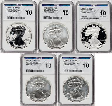 2011 25th Anniversary Silver Eagle Five-Coin Set NGCX MS10 PF10
