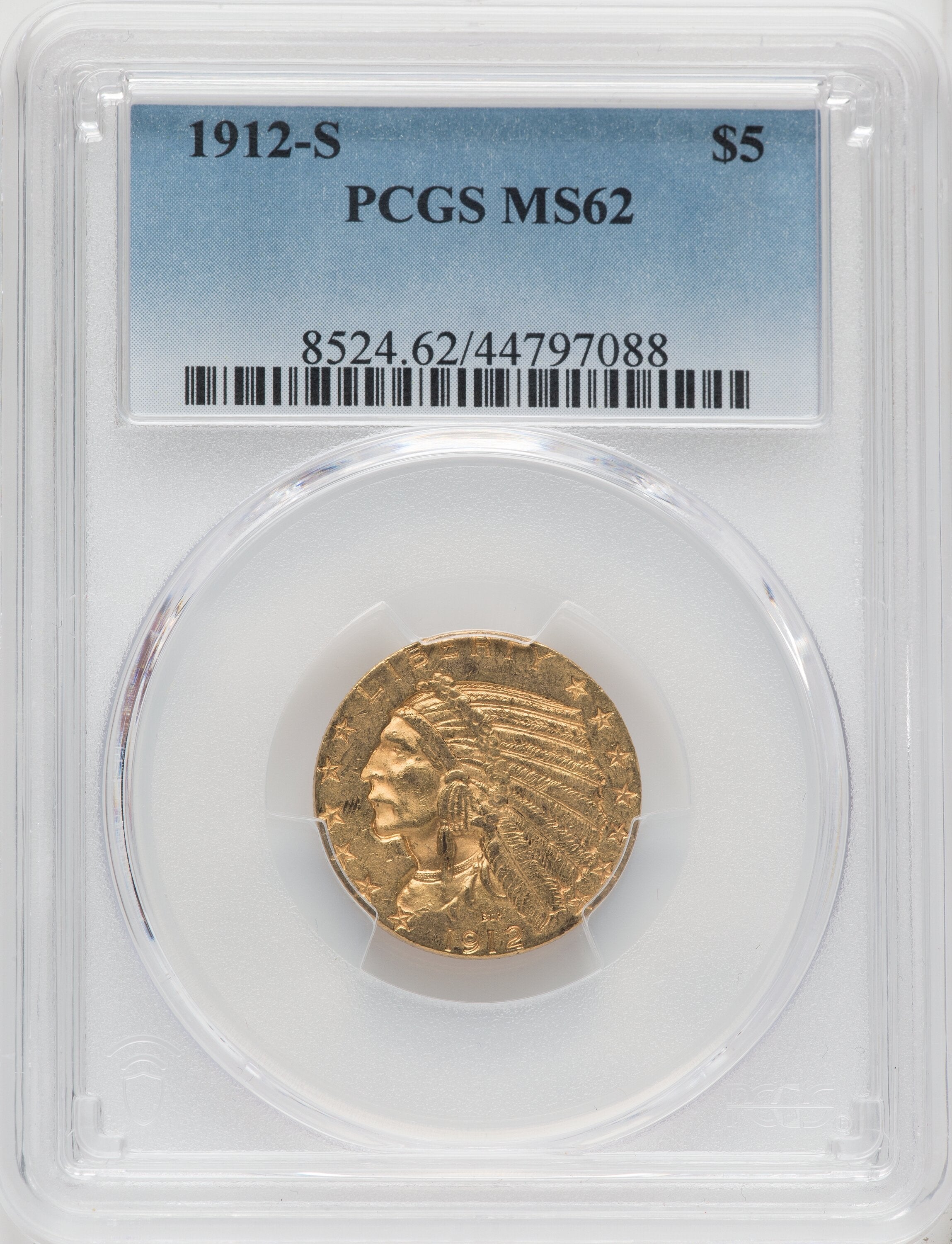 1912-S $5 Indian Half Eagle PCGS MS62
